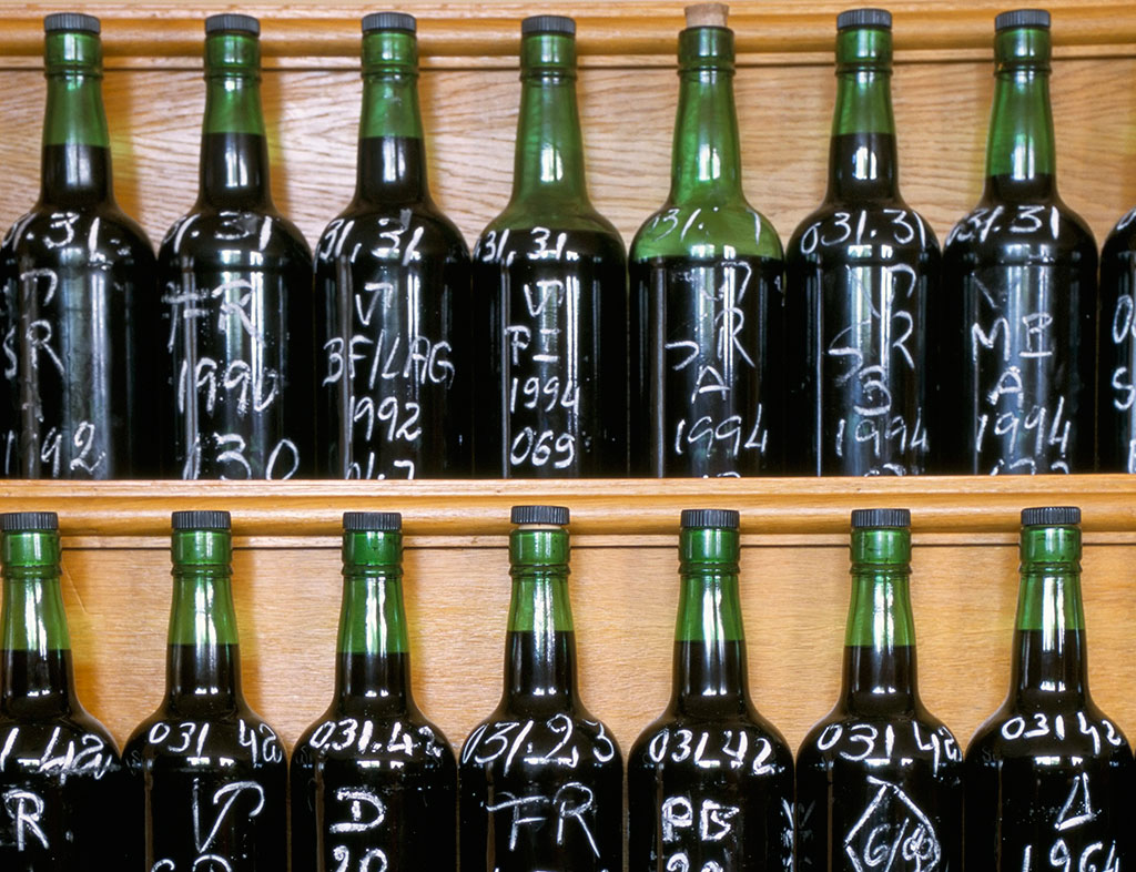 Bottles at a Port Lodge labelled for tasting