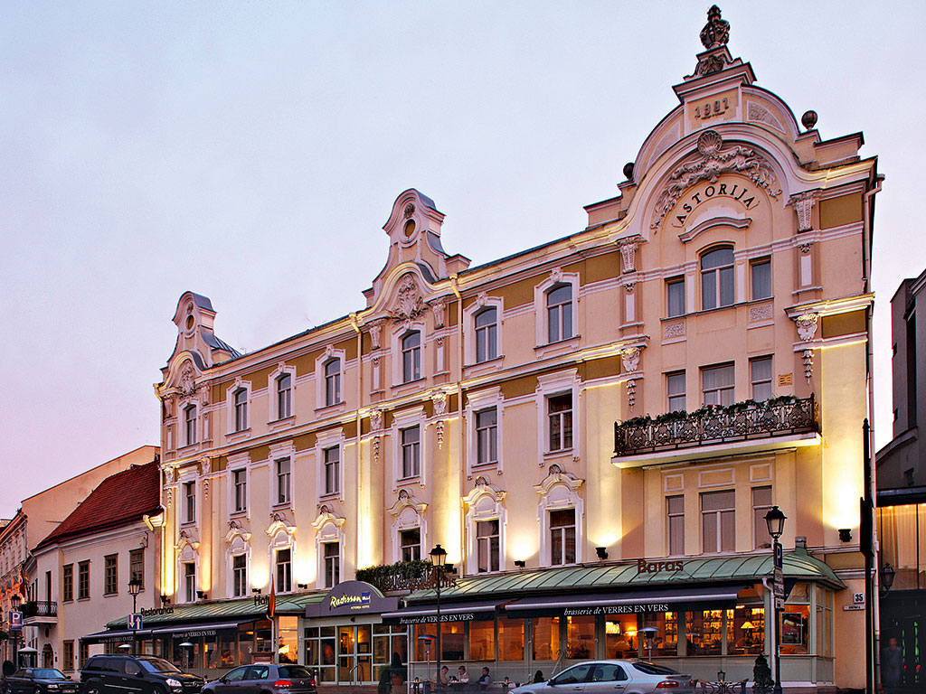 The facade of the Radisson Blu Astorija Hotel, in Vilnius, Lithuania