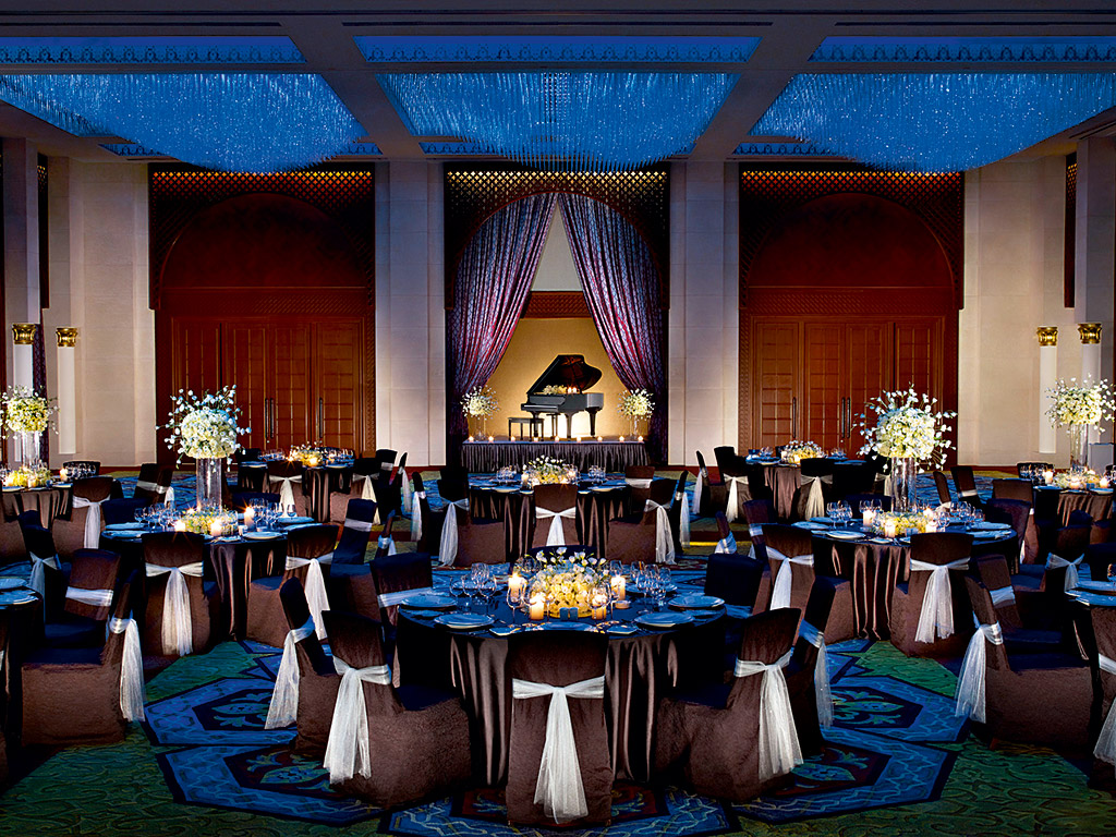 The resort's ballroom decorated with a black and white theme