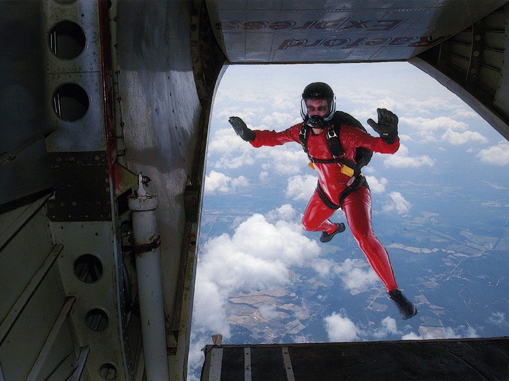 Stearns jumps from an aeroplane on one of her skydives 