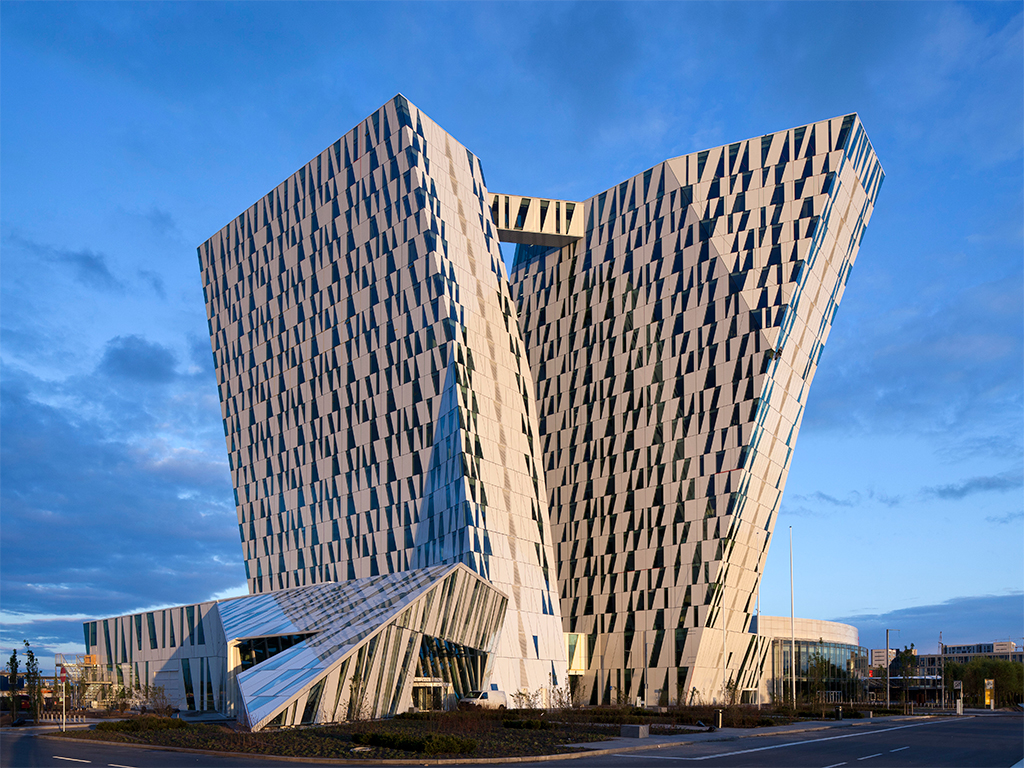 The ice cool exterior of Copenhagen's Bella Sky Comwell hotel. The hotel has become a landmark for Copenhagen's skyline with its iconic skewed towers