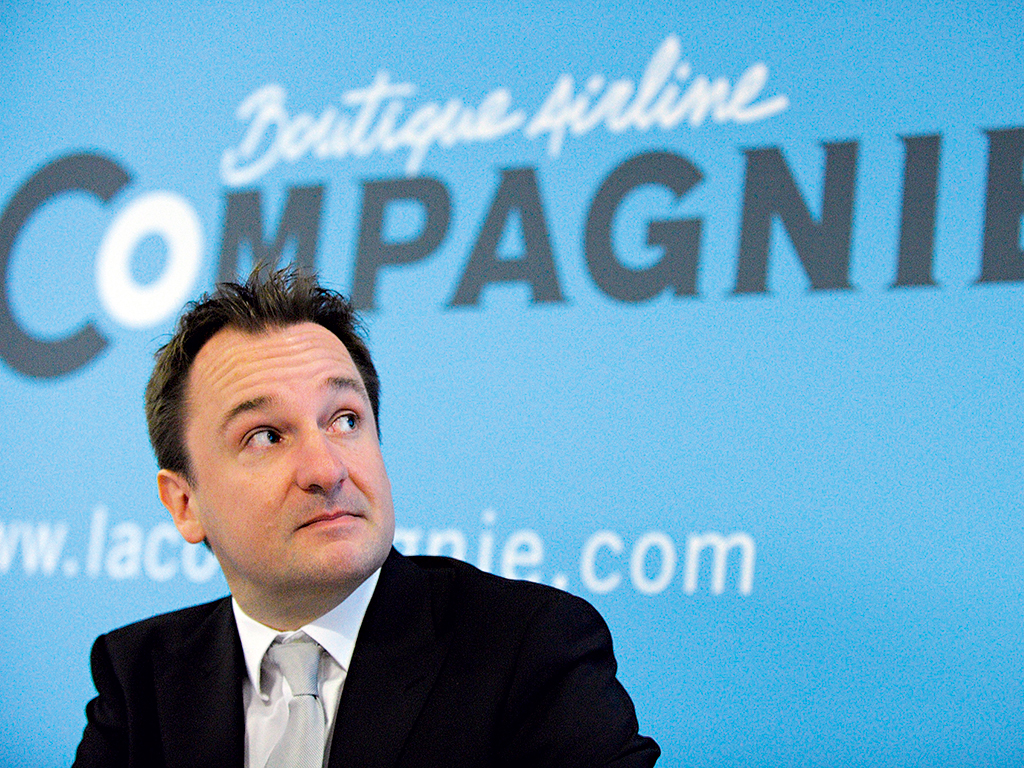 La Compagnie Chairman Frantz Yvelin at the airline's launch in June. In July the company began flying its one and only plane from Paris to Newark, New Jersey, business class-only