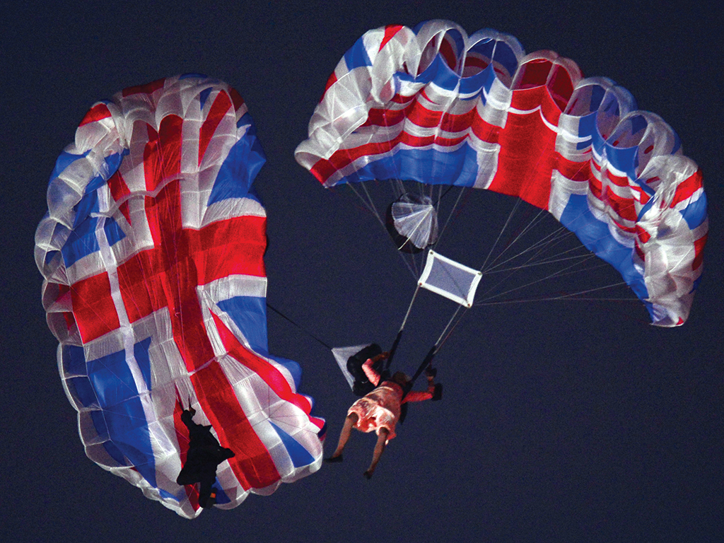 Gary Connery, dressed as the Queen, parachuting into the London Olympics 2012 opening ceremony. He describes it as one of the most memorable events of his life