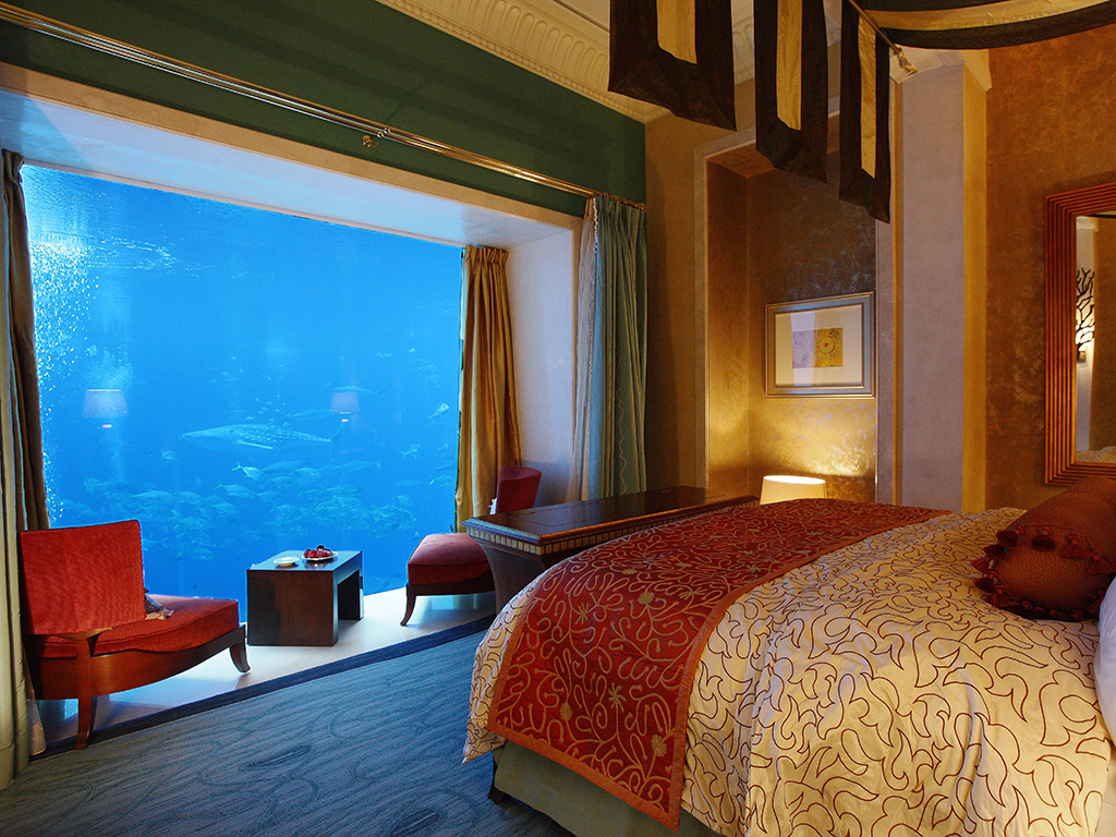 A view into one of the bedrooms at the Aquarium Atlantis Hotel, Dubai. The hotel offers underwater suites for a whopping $8,800 per night, as well as world-class seafood